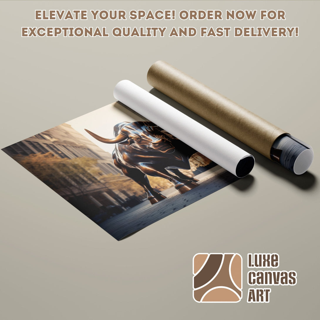 Poster Roll featuring a bronze bull statue, warm color palette, and cityscape background. Order now!