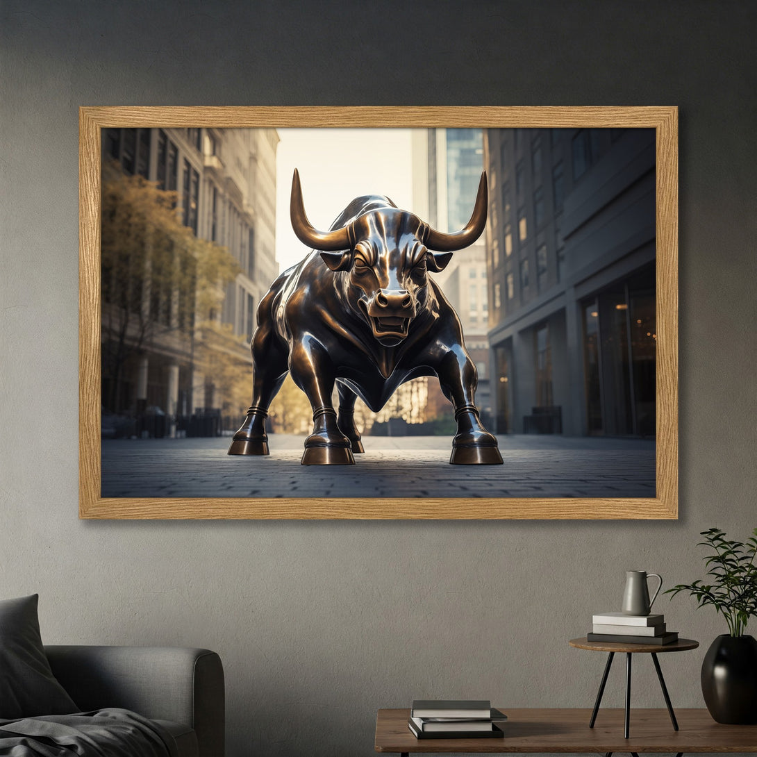 Framed Poster of Wall Street Bull statue in a city setting. Bronze tones with a warm, neutral color palette. Perfect for home or office decor.