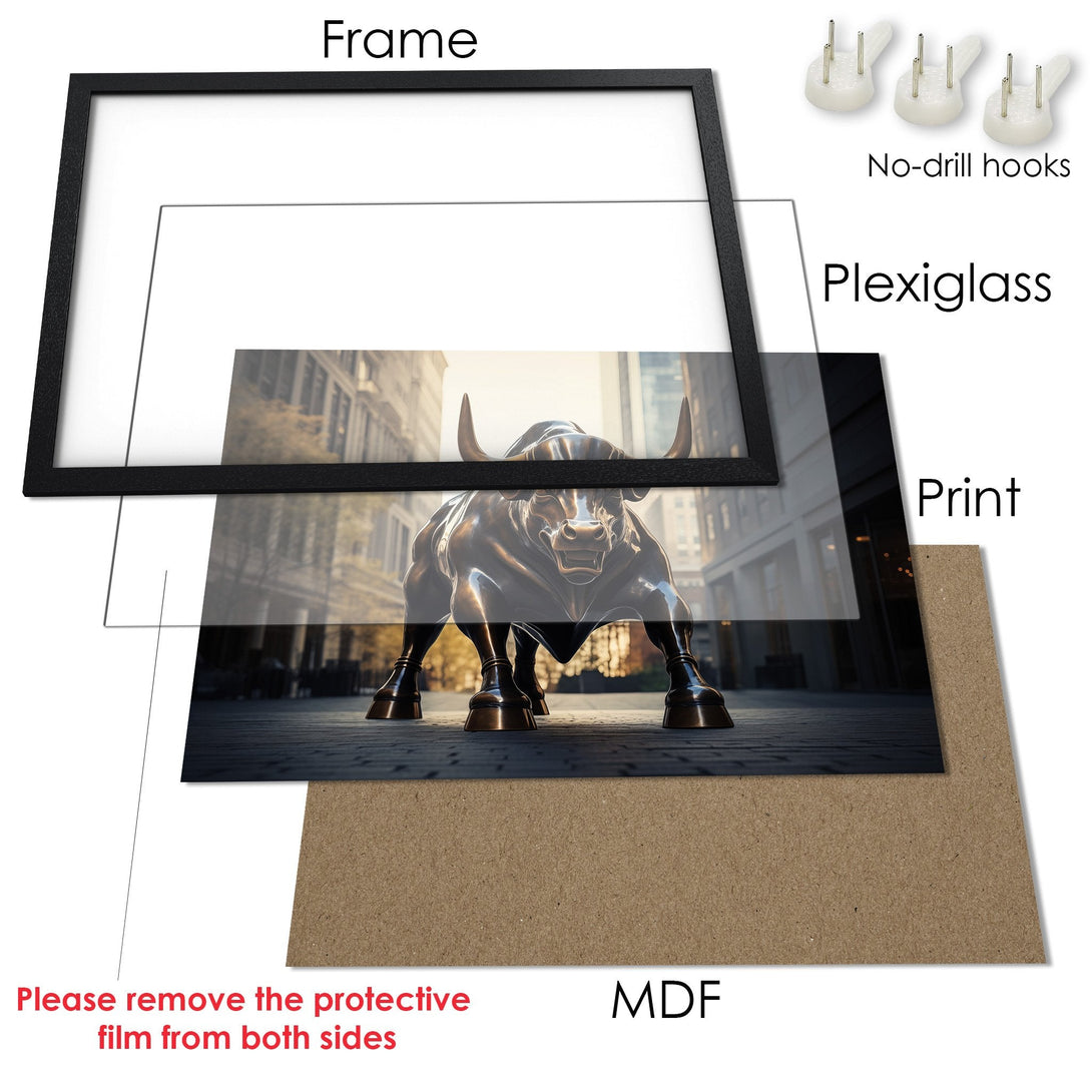 Framed Poster of Charging Bull statue in bronze tones, perfect for modern decor. Add a touch of Wall Street to your space!
