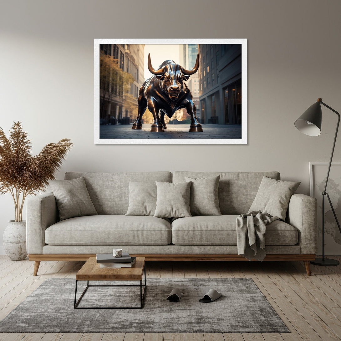Framed Poster of Charging Bull statue in a modern style, bronze and neutral color palette, perfect for home decor.