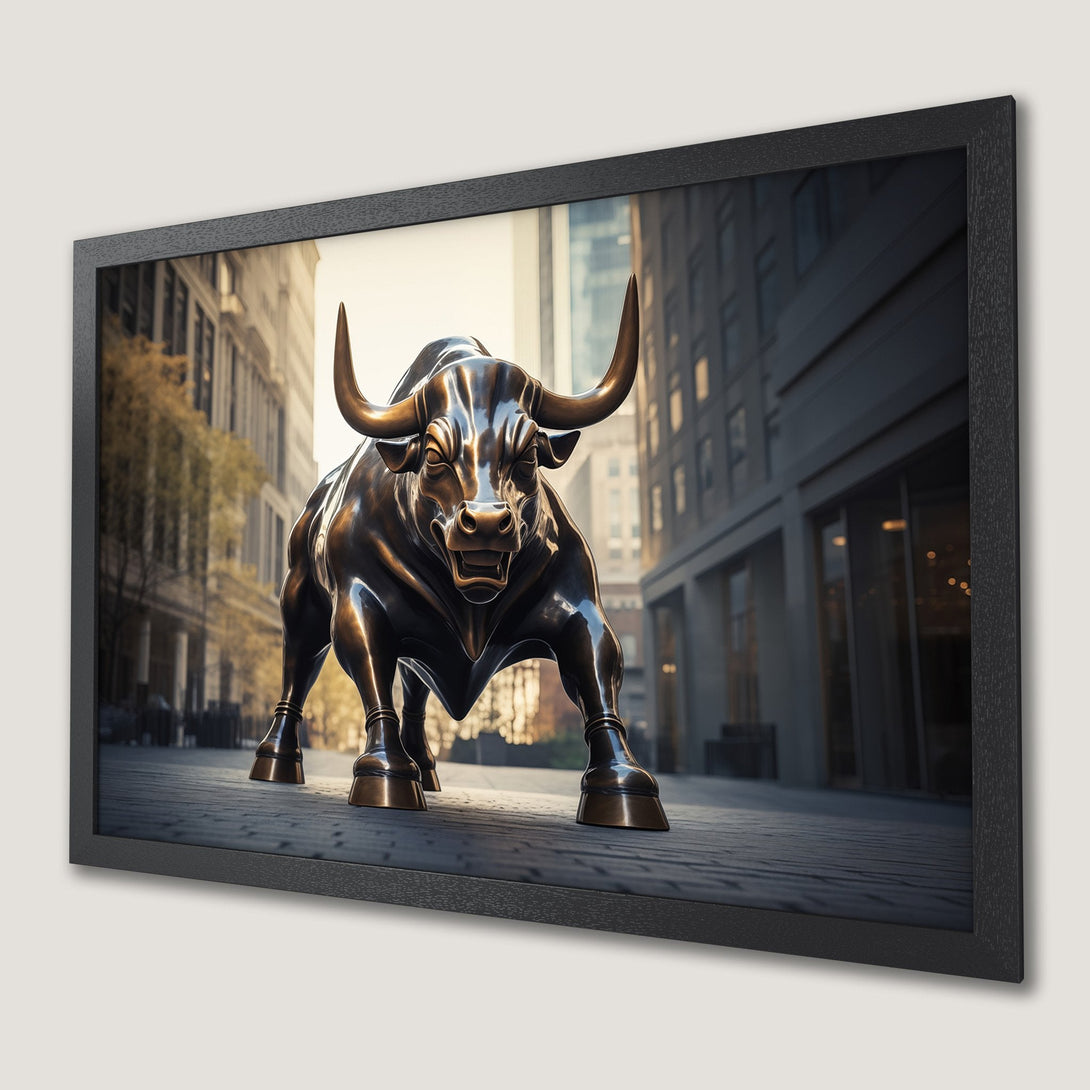 Framed Poster of Charging Bull statue in bronze, city background, warm color palette. Perfect for home or office decor.