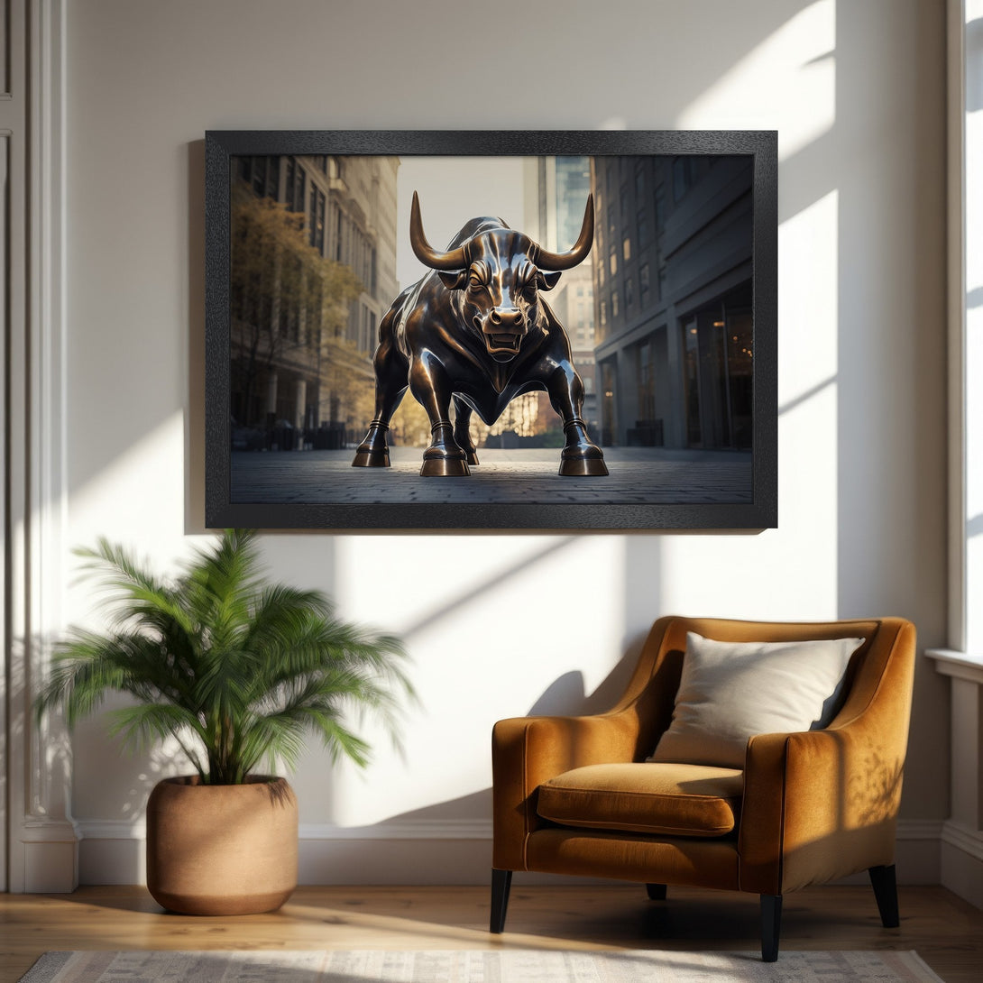 Framed Poster of Charging Bull statue in New York City, bronze tones, modern art for home decor.