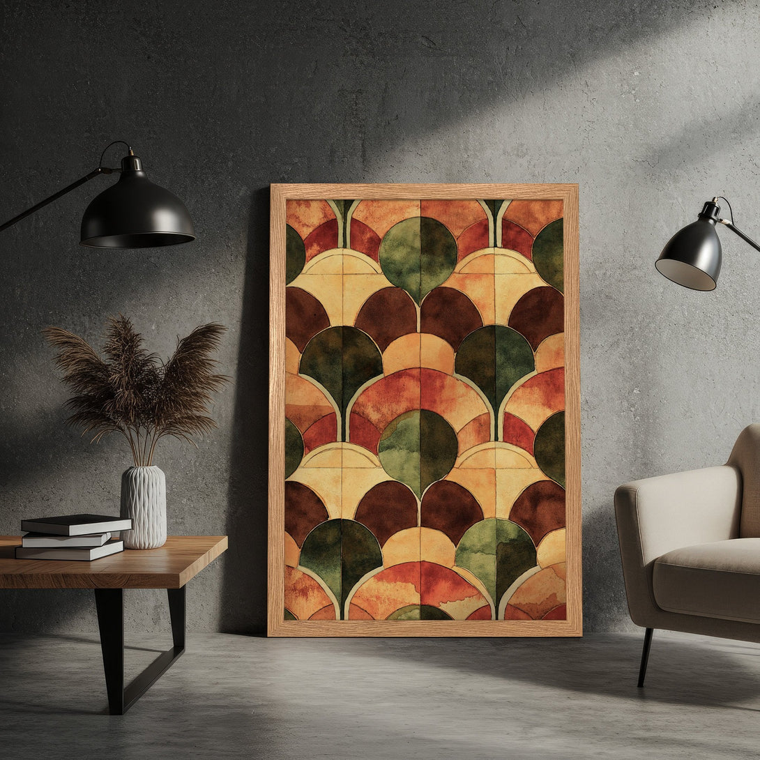 Framed Poster featuring a geometric watercolor design in warm earth tones. Perfect art for your home!