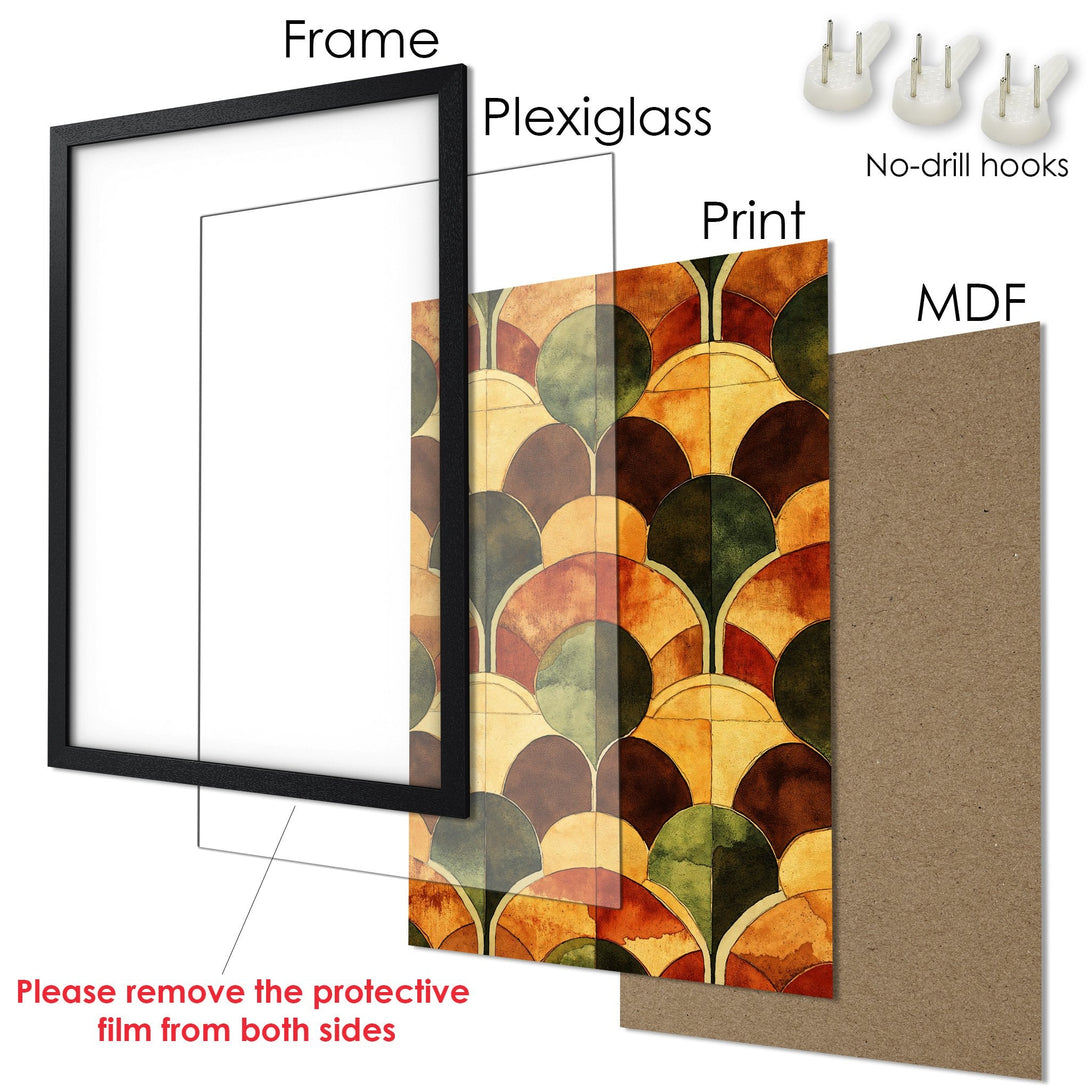 Framed Poster featuring an abstract geometric design in warm earth tones. Perfect wall art for any room!
