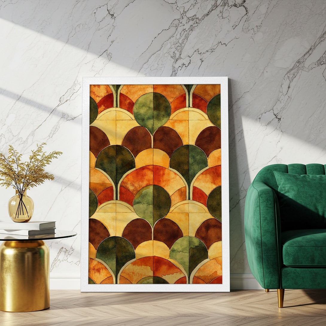 Framed Poster featuring an abstract geometric design in warm earth tones. Perfect art for modern decor.