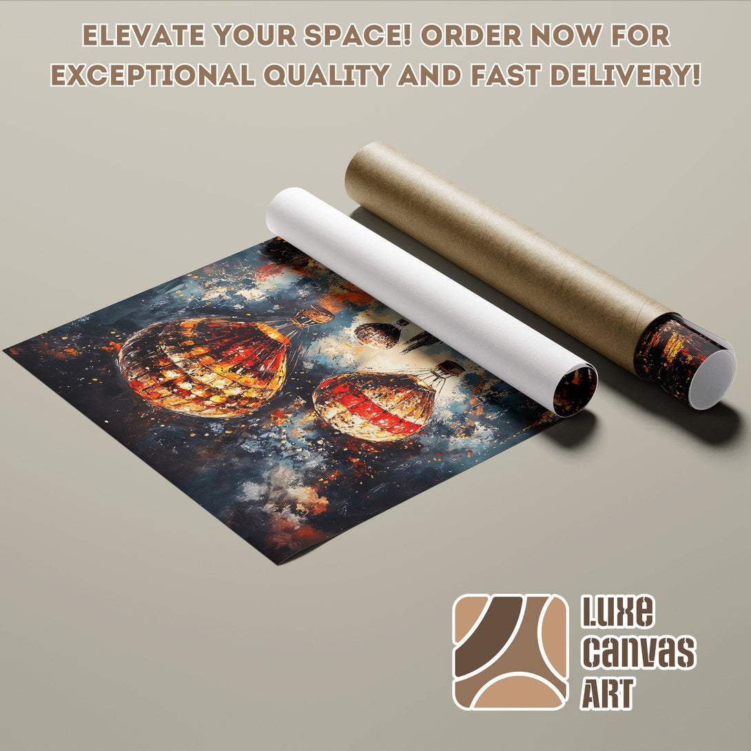 Poster Roll featuring hot air balloon art in a dark, moody style with warm, fiery tones. Elevate your space today!