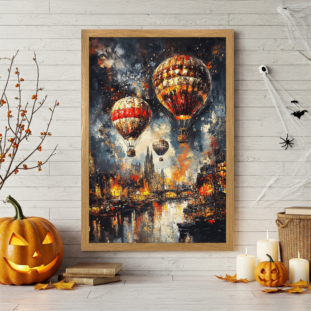 Framed Poster featuring hot air balloons over a city, in a painterly style with a warm, autumn color palette. Perfect Halloween decor.