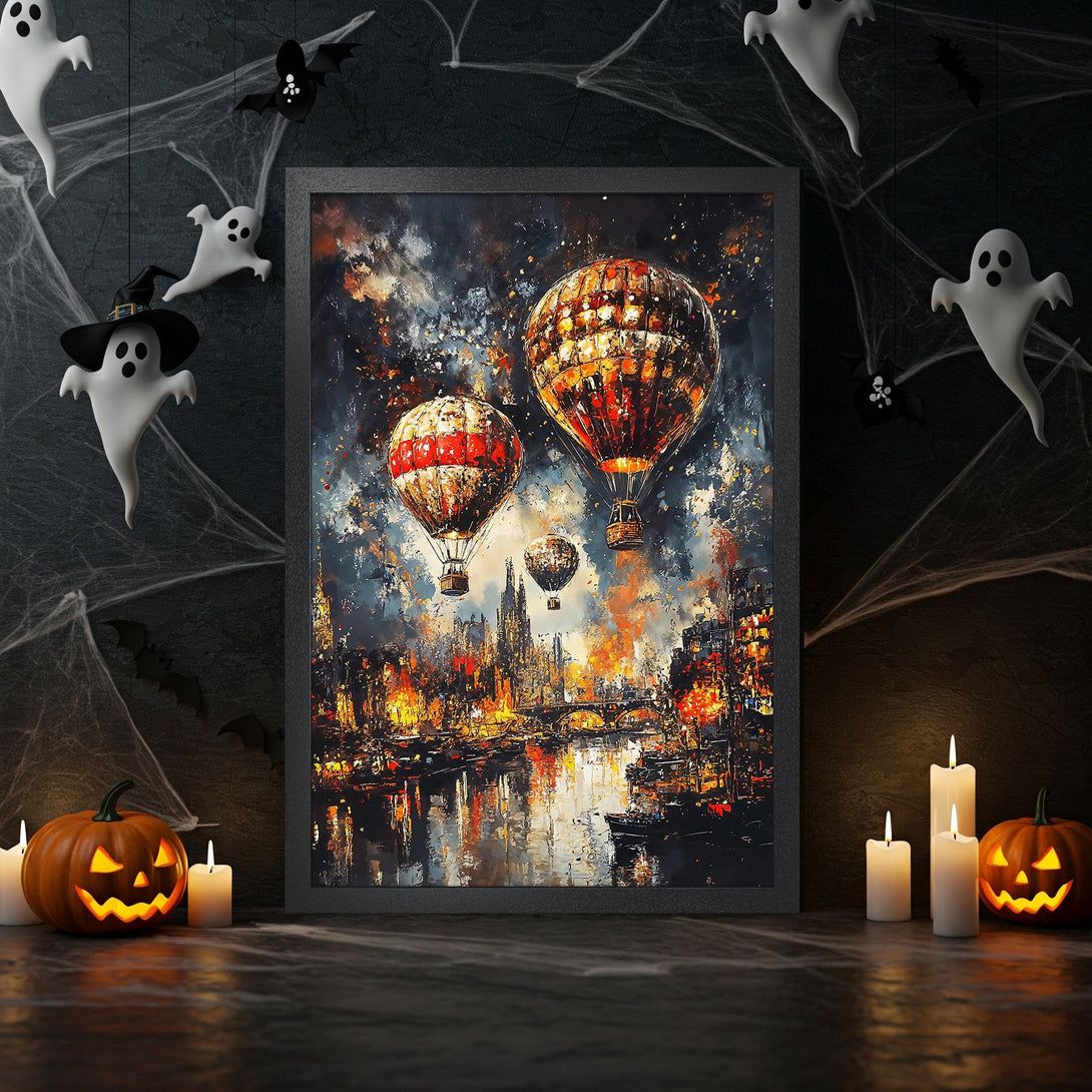 Framed Poster of hot air balloons over a city, impressionist style, with a warm orange and blue color palette.