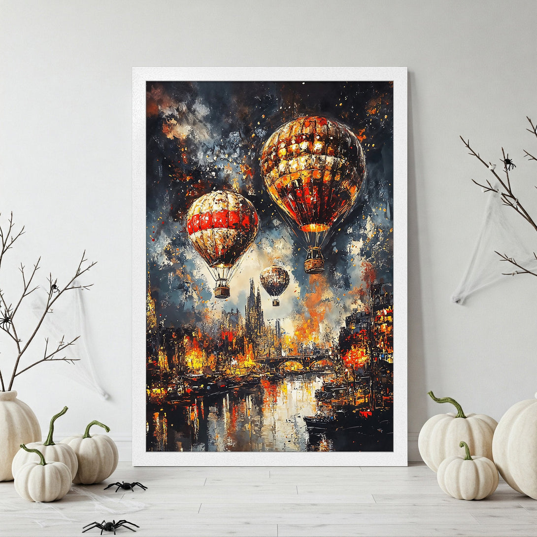 Framed Poster featuring hot air balloons over a city, in an impressionistic style with a warm, fiery color palette. Perfect wall art!