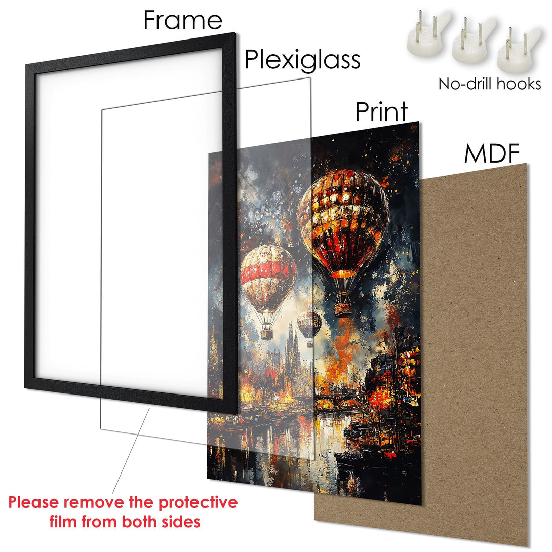 Framed Poster featuring hot air balloons over a city. Artistic style with warm, vibrant colors. Perfect wall art for your home!