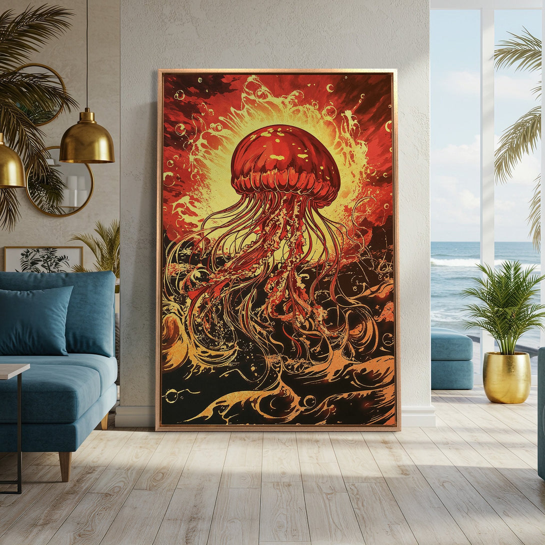 Framed Wall Art: Stunning red and gold jellyfish art print. Modern style, vibrant color palette. Perfect statement piece for your coastal home decor.