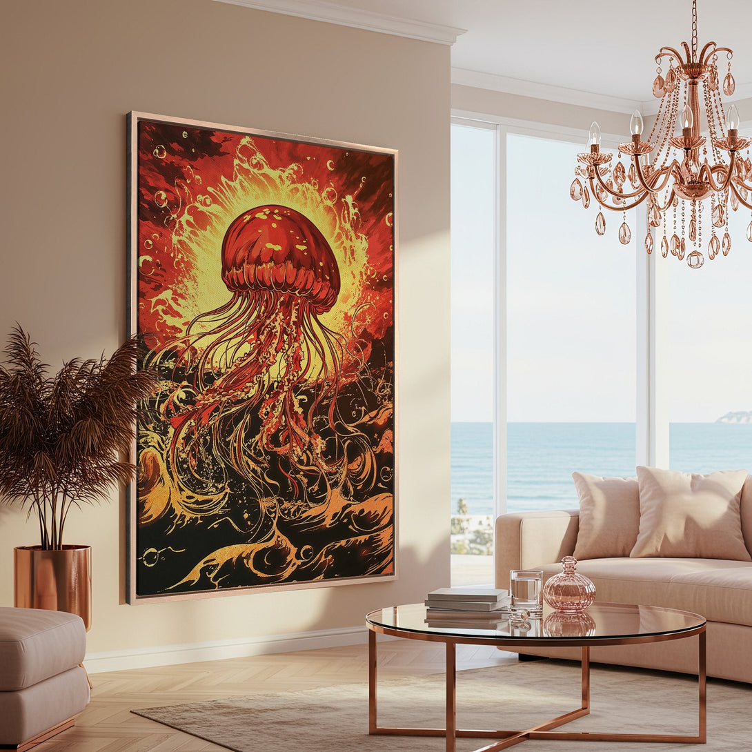 Framed Wall Art featuring a vibrant jellyfish illustration in a warm red and gold color palette, adding artistic flair to a modern interior.