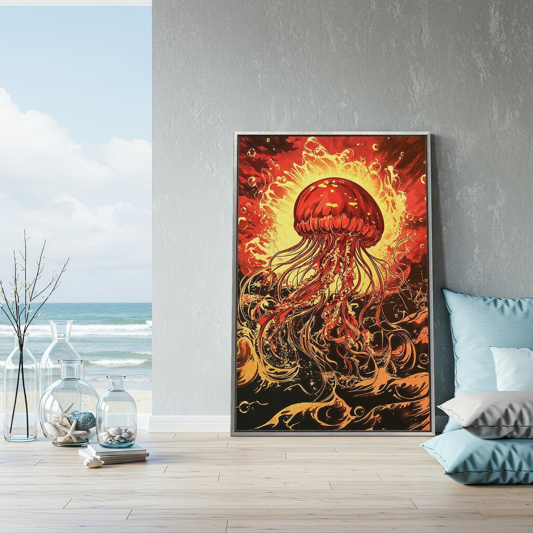 Framed Wall Art: Bold jellyfish art in fiery red and gold tones. Modern canvas print adds a vibrant pop of color to any space. Shop now!