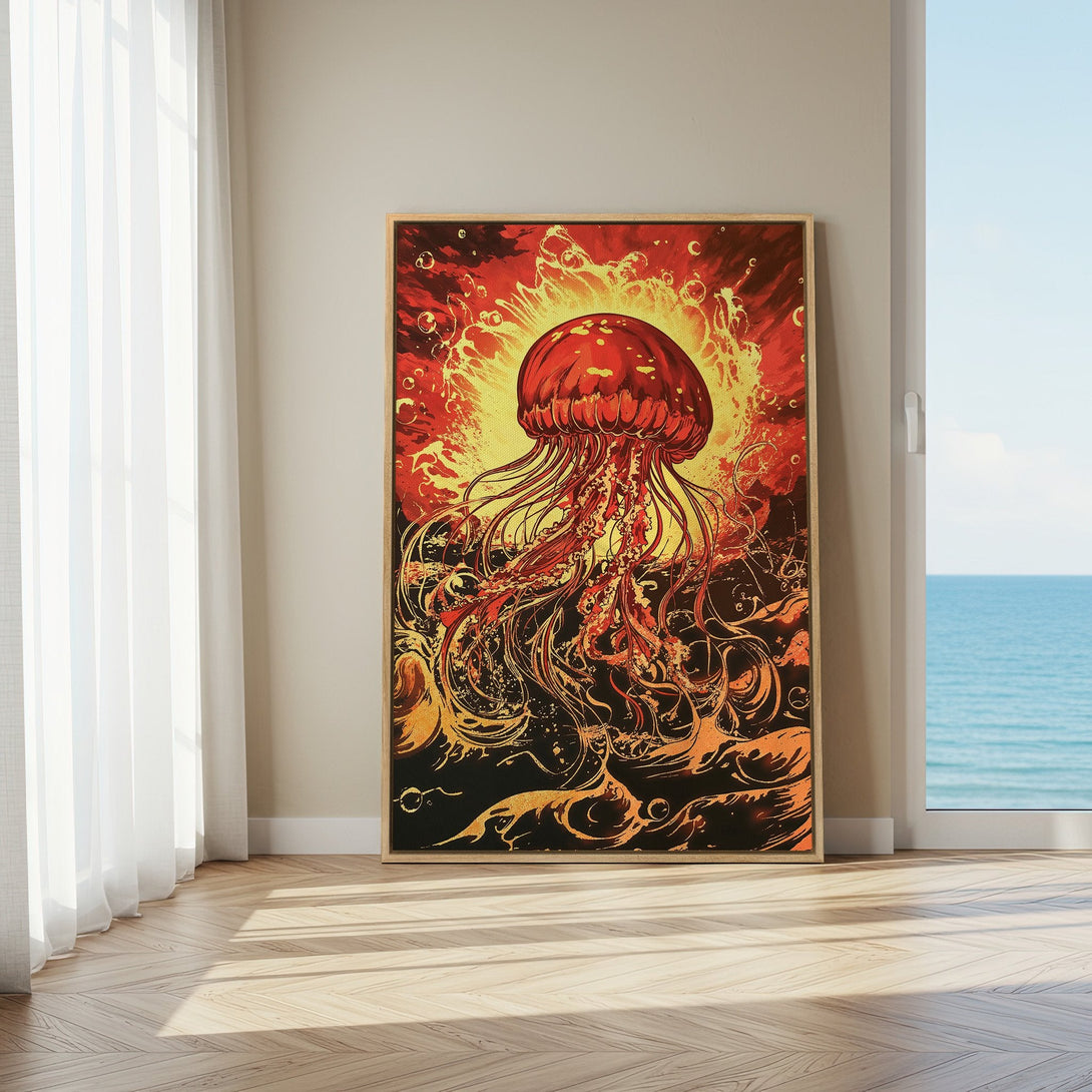 Framed Wall Art: Bold red jellyfish art print in a warm, fiery color palette. Perfect for adding a touch of vibrant style to any space.