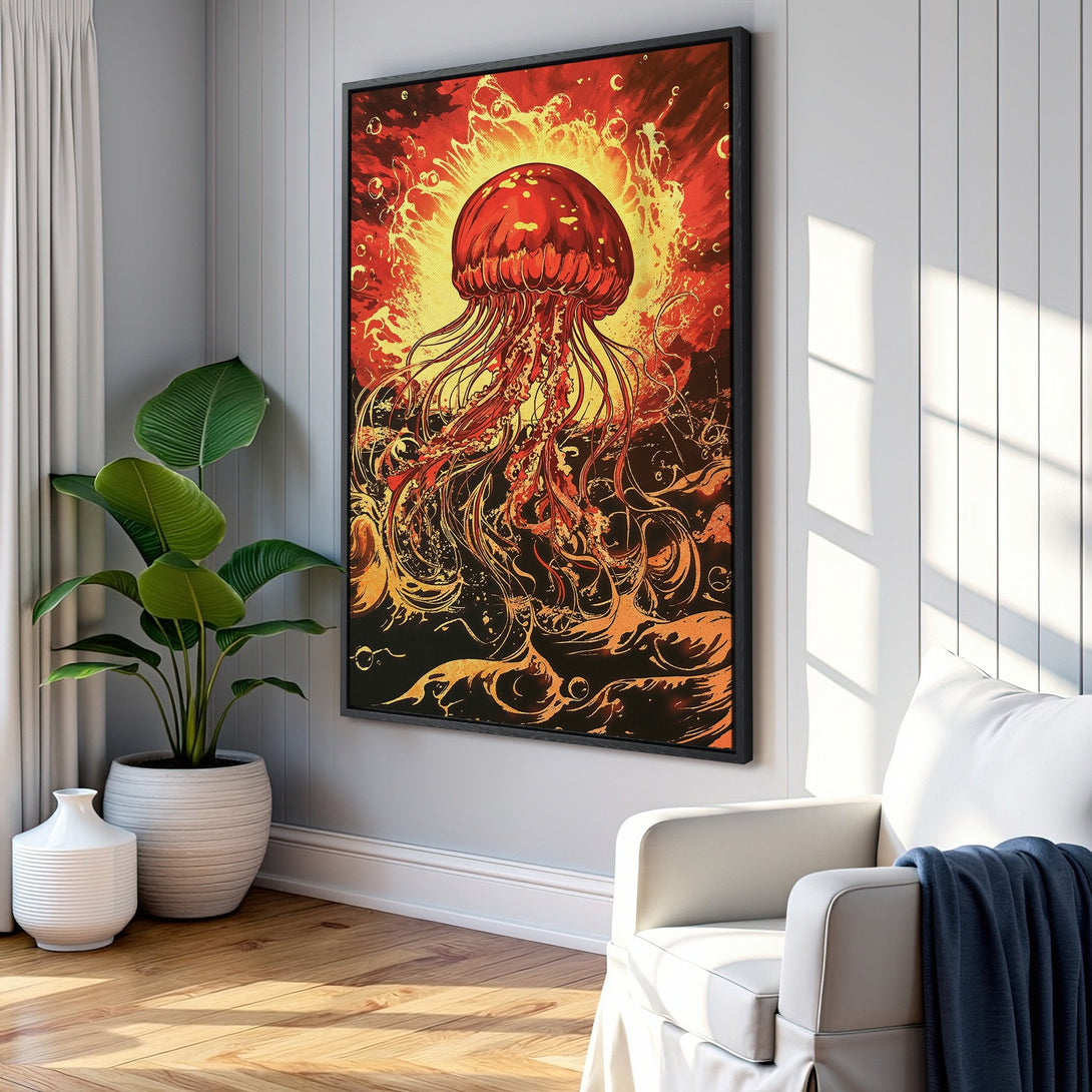 Framed Wall Art: Vibrant jellyfish art print in warm red, orange, and yellow hues. Modern style canvas print adds a pop of color to any interior.