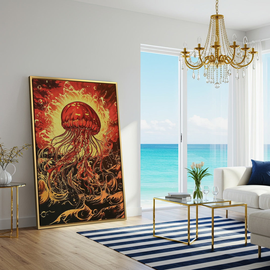 Canvas Print of a vibrant jellyfish art piece in a modern living room. Features a fiery red and gold color palette, perfect for adding a pop of color!
