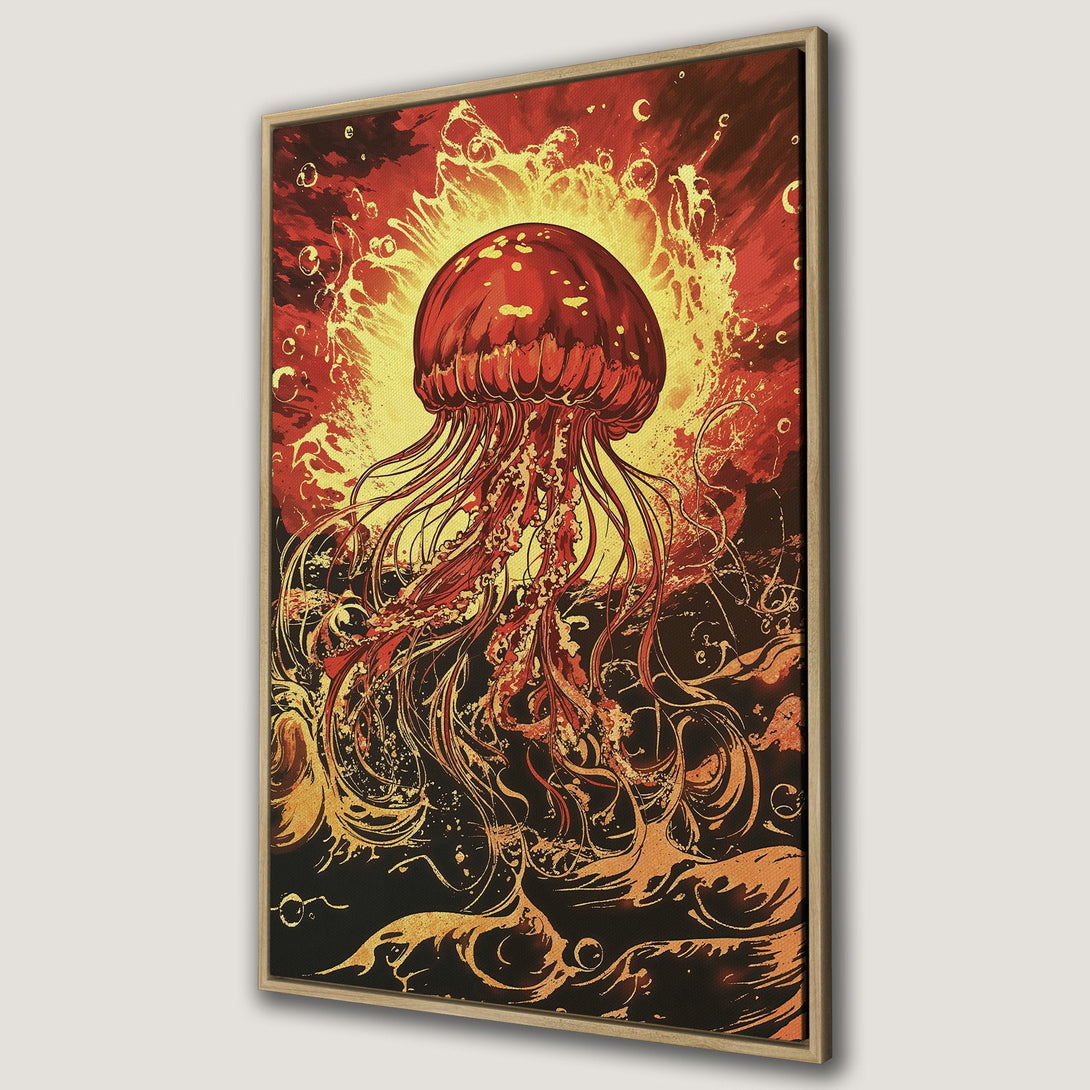 Framed Wall Art featuring a vibrant jellyfish illustration in a fiery red and gold color palette. Unique, artistic canvas print perfect for any space!