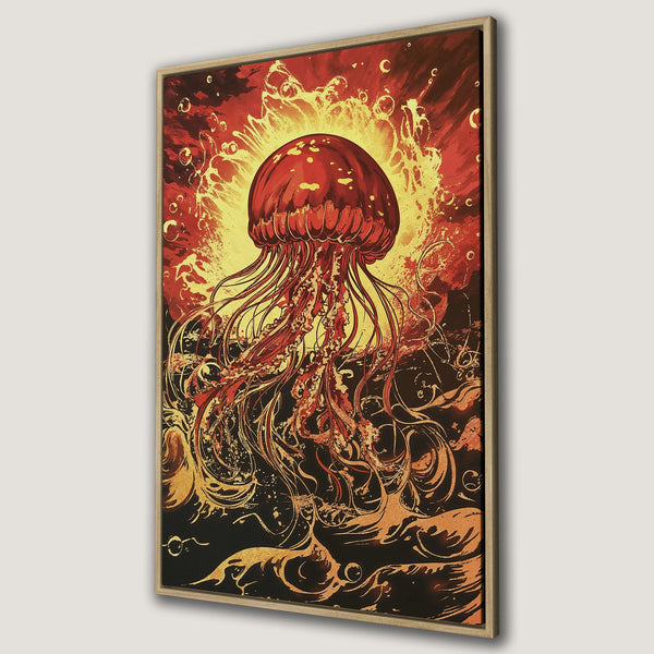Framed Wall Art featuring a vibrant jellyfish illustration in a fiery red and gold color palette. Unique, artistic canvas print perfect for any space!