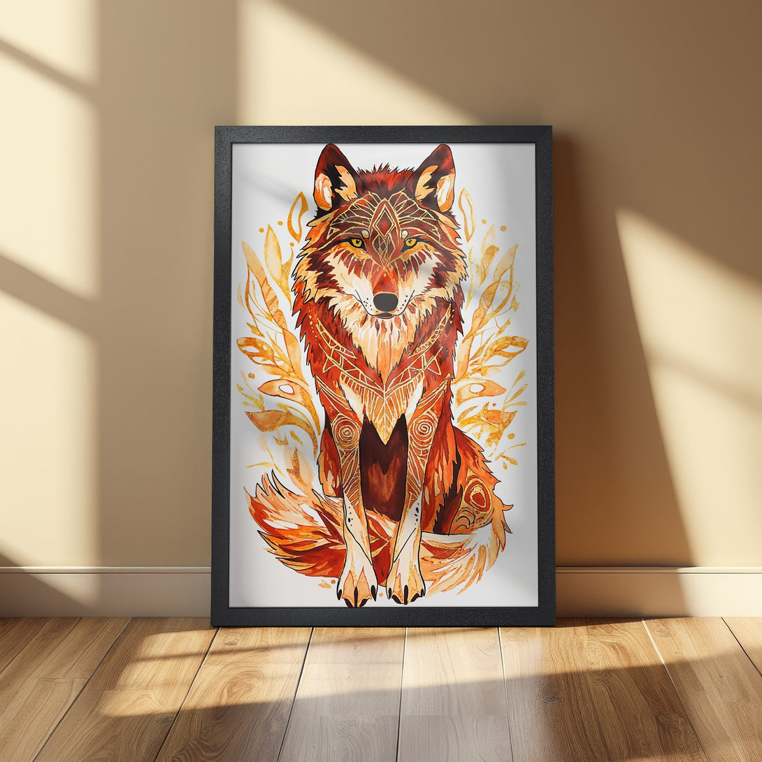 Framed Poster featuring a watercolor wolf illustration in warm orange and gold tones. Perfect wall art!