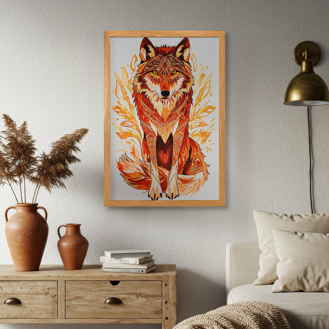 Framed Poster featuring a watercolor wolf illustration in warm orange and red tones. Perfect art for your home!
