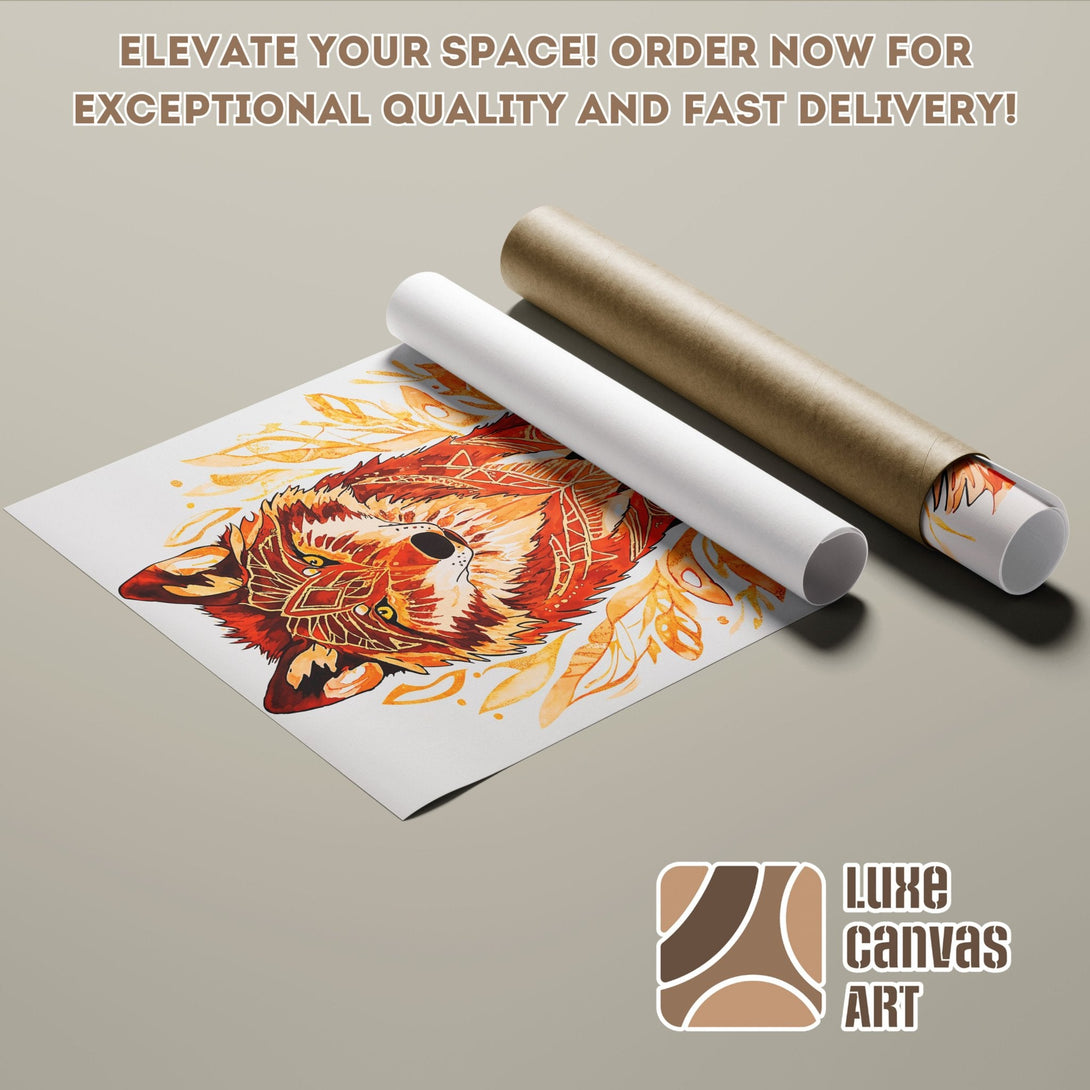Poster Roll of a watercolor wolf art print in warm orange and red tones. Perfect wall decor!