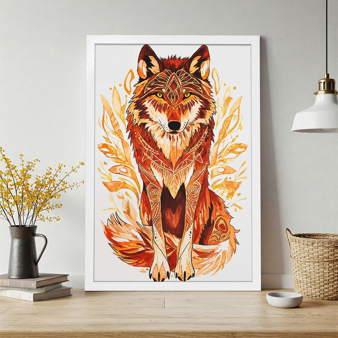 Framed Poster featuring a majestic wolf illustration in watercolor style, warm orange and gold color palette. Perfect wall art!