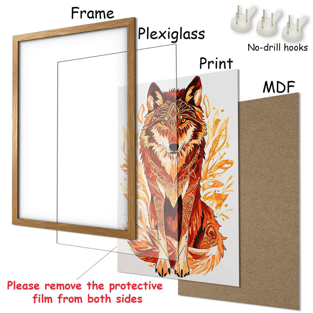 Framed Poster featuring a watercolor wolf with warm orange and gold tones, perfect wall art for your home.