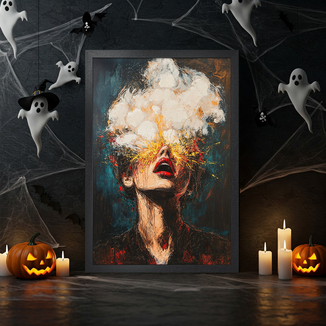 Framed Poster: Abstract art portrait with dark teal and red color palette. Perfect Halloween wall decor.