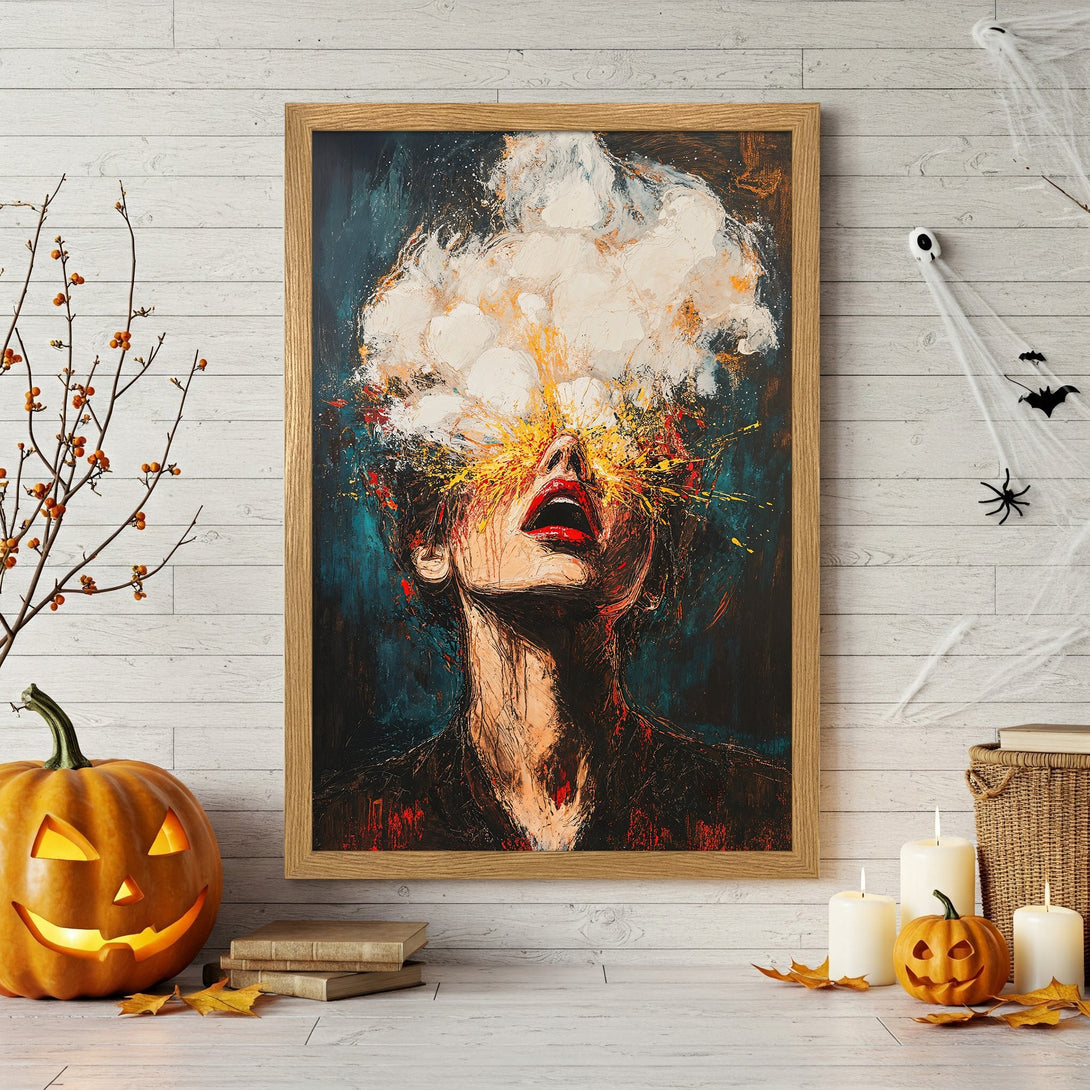 Framed Poster featuring an abstract woman with a dark, moody color palette. Perfect wall art for a unique Halloween touch.