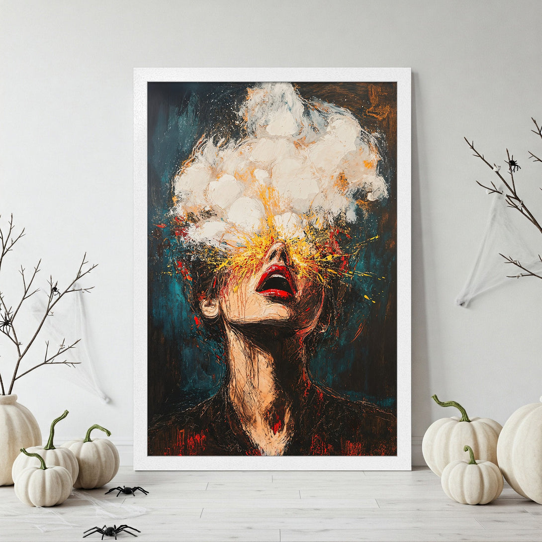 Framed Poster of a woman with exploding head, abstract style, dark blue, red, and yellow palette. Perfect wall art!