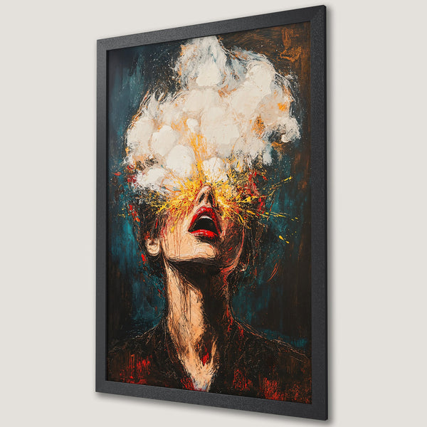Framed Poster: Abstract woman portrait with a dark teal, red, and gold color palette. Expressive art style, perfect for modern home decor.