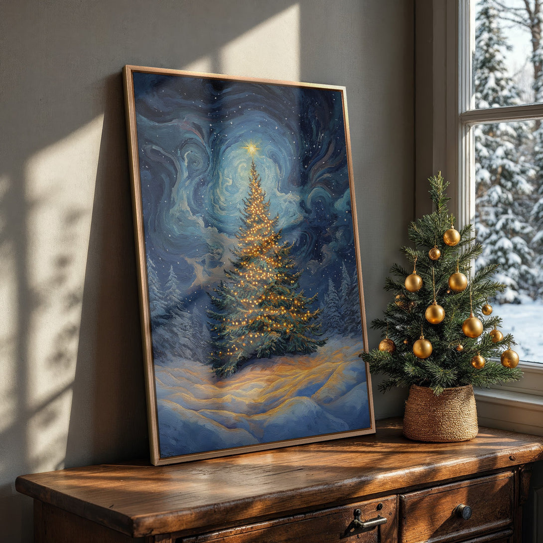 Framed Wall Art: Winter Christmas tree painting in blue and gold. Perfect holiday decor for a cozy, artistic interior. Shop now!