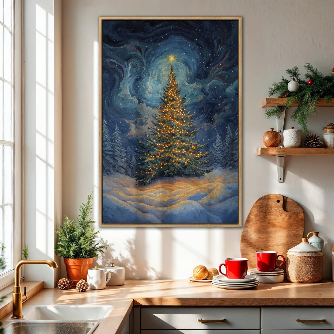 Framed Wall Art: Winter Christmas tree painting in a blue and gold color palette. Perfect holiday decor for your home.