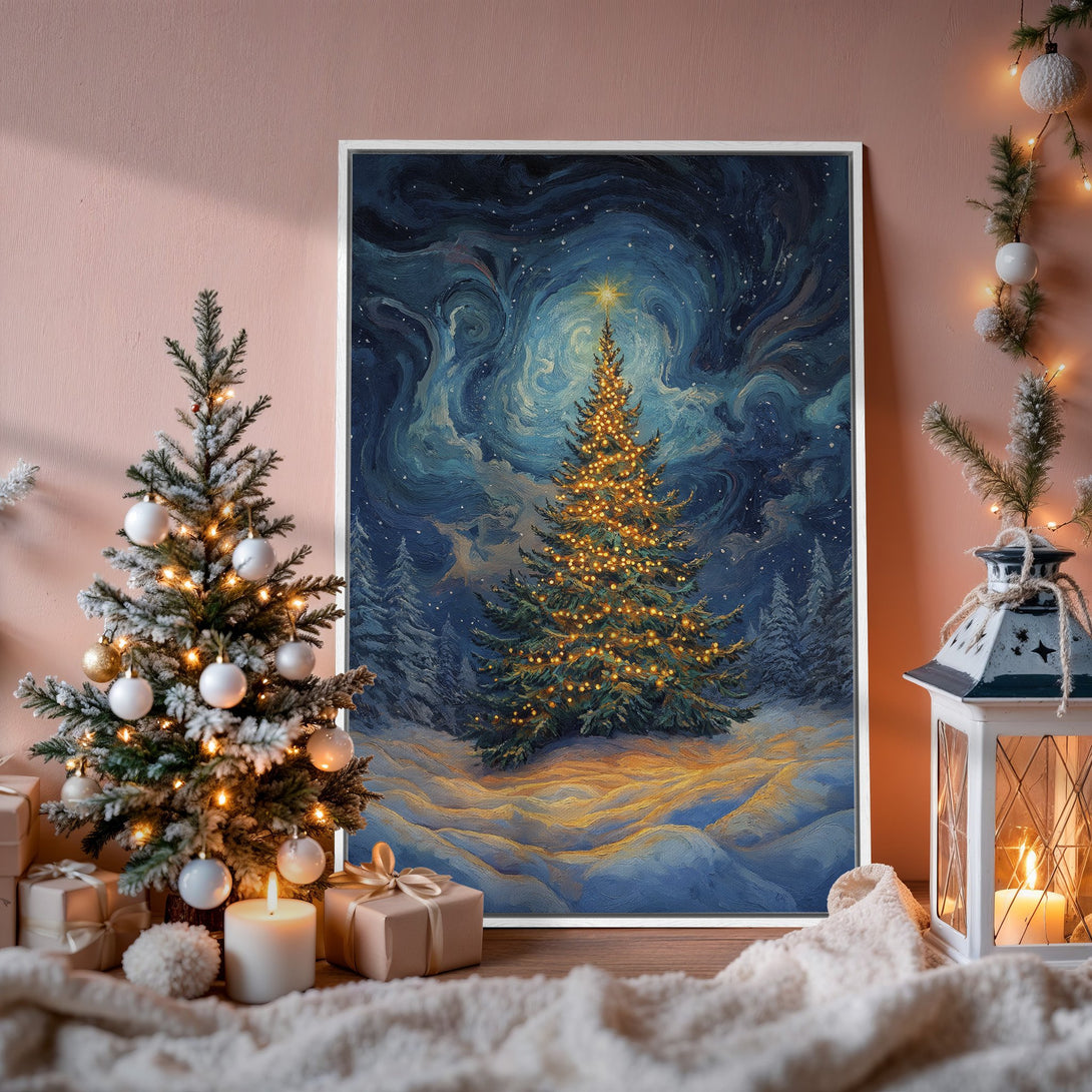 Framed Wall Art: Winter Christmas tree painting in blue, gold, and white. Perfect holiday decor for a cozy, artistic living room.