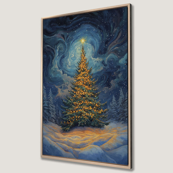 Framed Wall Art: Winter Christmas tree painting with a starry night sky, blue and gold color palette. Perfect holiday decor for your home.