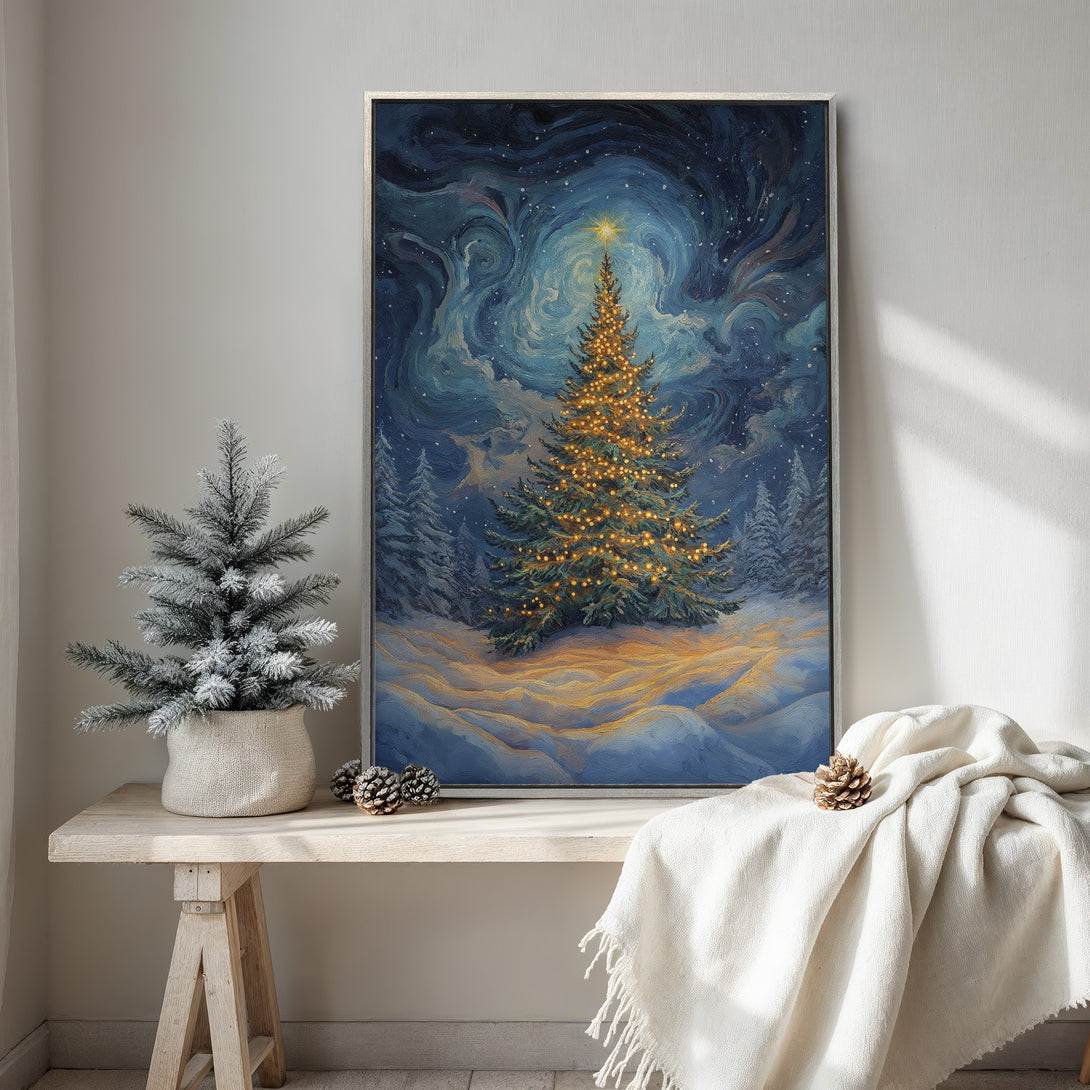 Framed Wall Art: Winter Christmas tree painting with a starry night sky, blue and gold color palette, perfect for holiday decor.