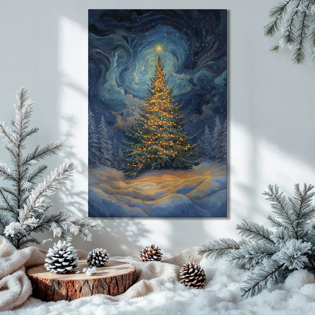 Framed Wall Art: Christmas tree painting in a Van Gogh style, featuring a blue and gold color palette. Perfect for holiday decor!