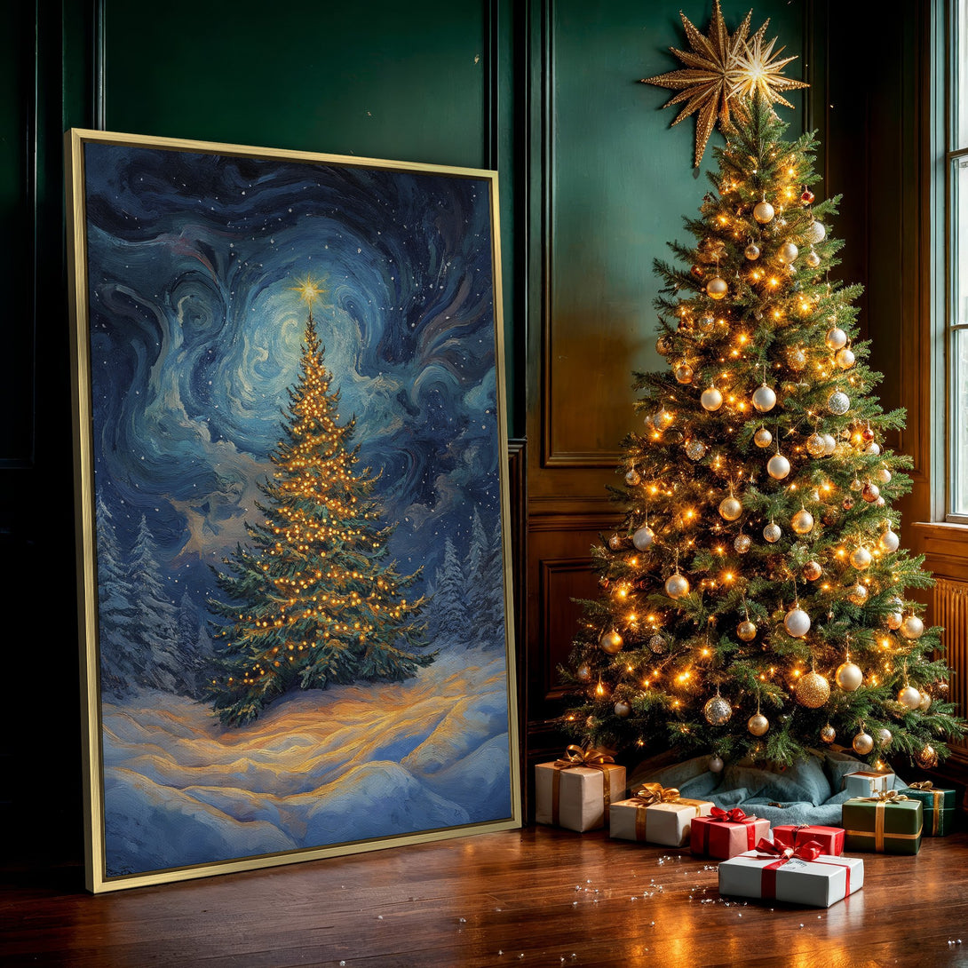 Canvas Print of a winter Christmas tree painting. Artistic style with a blue and gold color palette, perfect for holiday decor.