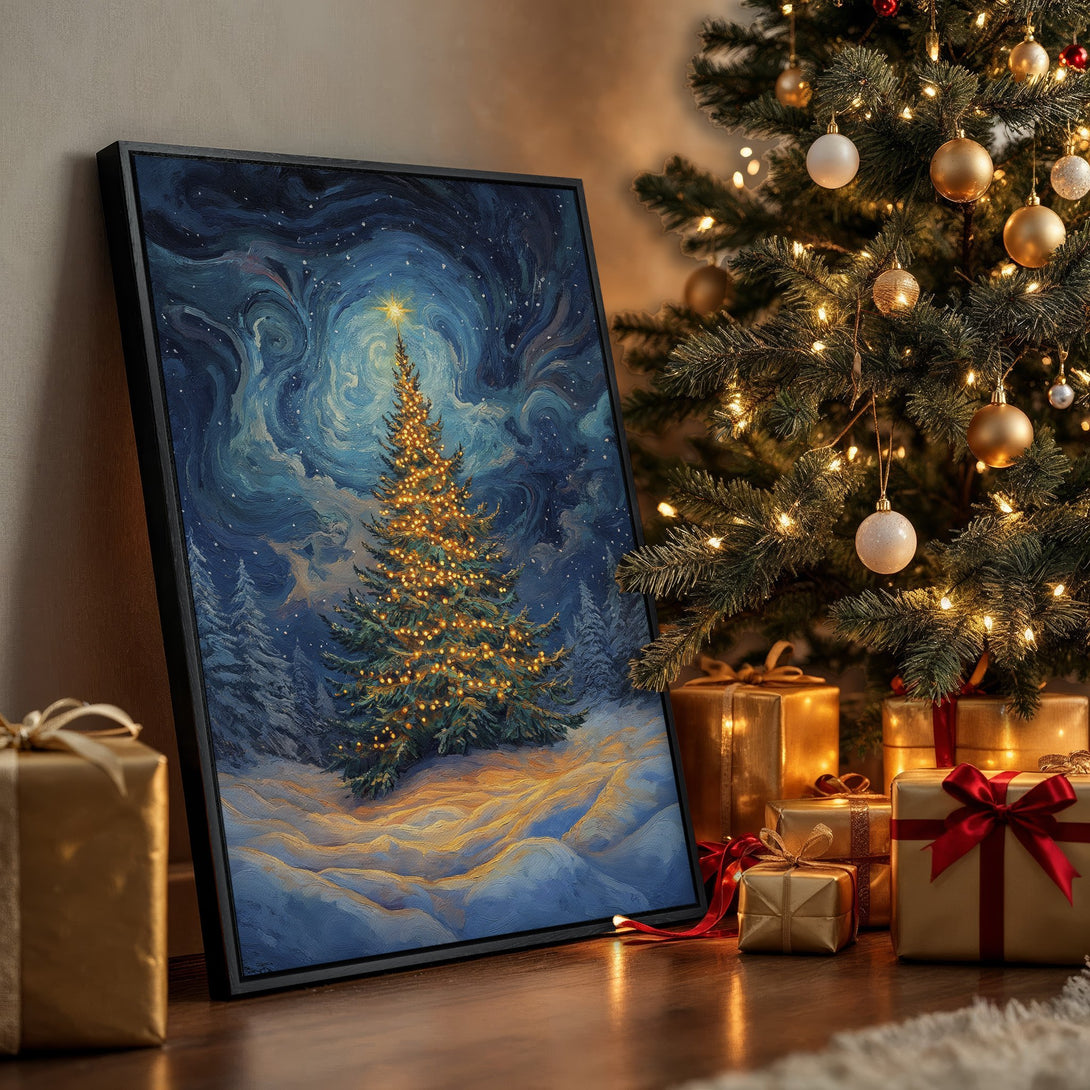Framed Wall Art: Winter Christmas tree painting in blue and gold tones. Perfect holiday decor for your home. Shop now for unique art!