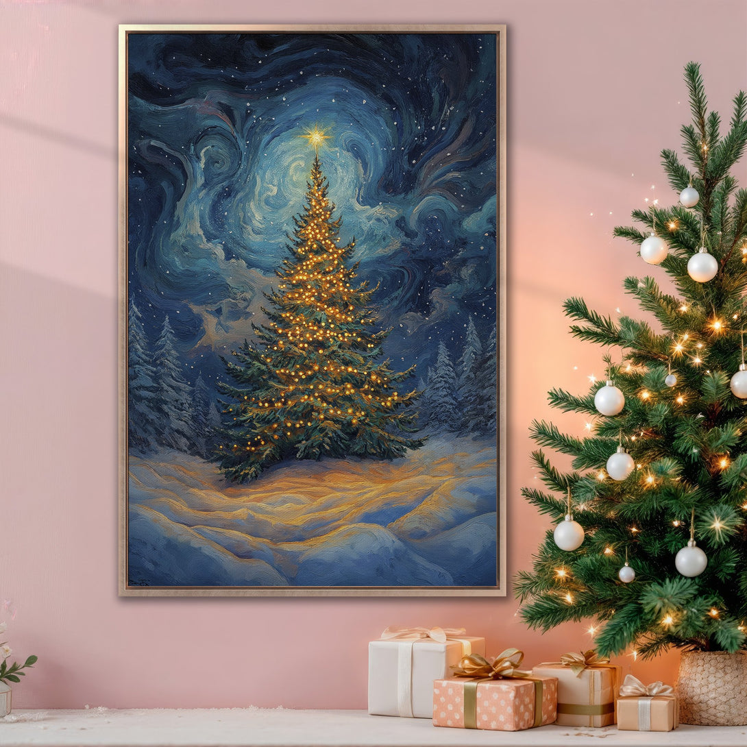 Framed Wall Art: Winter Christmas tree painting in a dreamy, impressionistic style. Blue, gold, and white color palette, perfect for holiday decor.