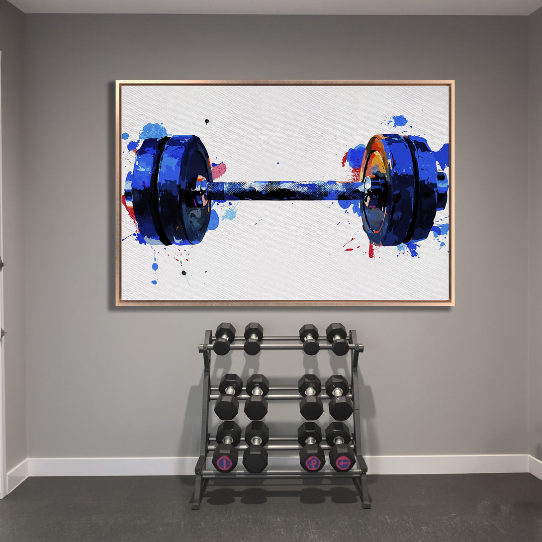 Framed Wall Art: Abstract watercolor barbell print in blue, red, and orange. Modern gym decor for fitness enthusiasts. Elevate your space!