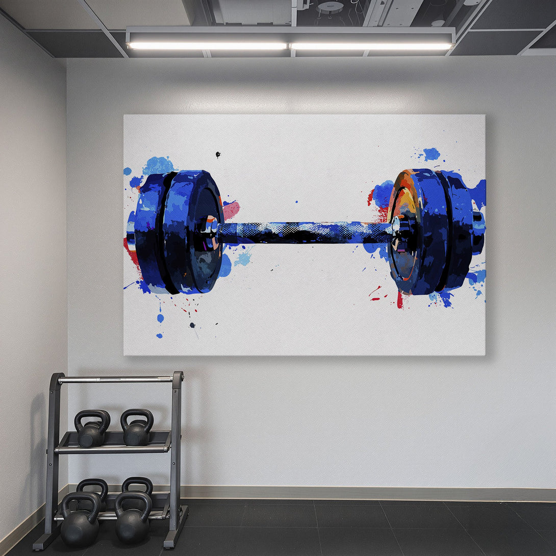 Framed Wall Art: Abstract watercolor barbell in blue and red hues. Modern art canvas print perfect for a home gym or fitness space.