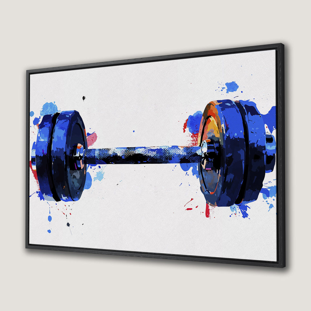 Framed Wall Art: Watercolor barbell art print in blue, red, and orange. Modern fitness decor for home gyms or workout spaces. Canvas Print.