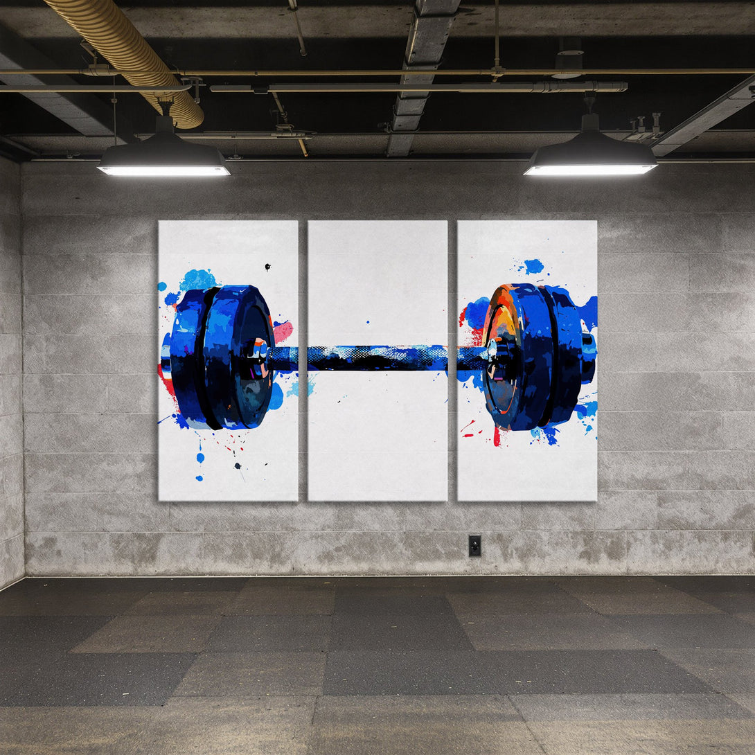 Abstract barbell Canvas Print, blue, white, and red watercolor-style art, perfect for gym decor and fitness enthusiasts.