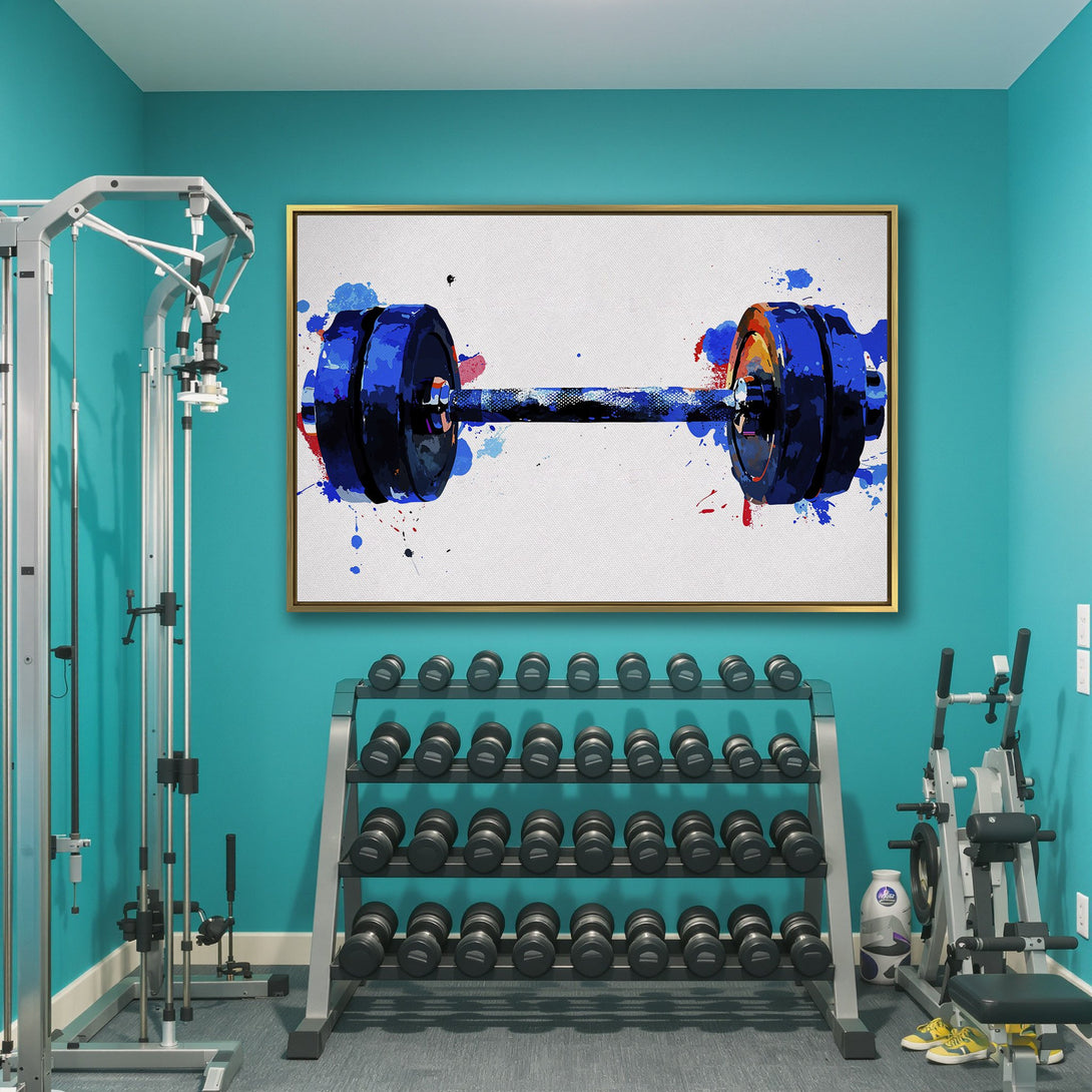 Canvas Print of a watercolor-style dumbbell in blue and red. Modern wall art for gym or home decor.