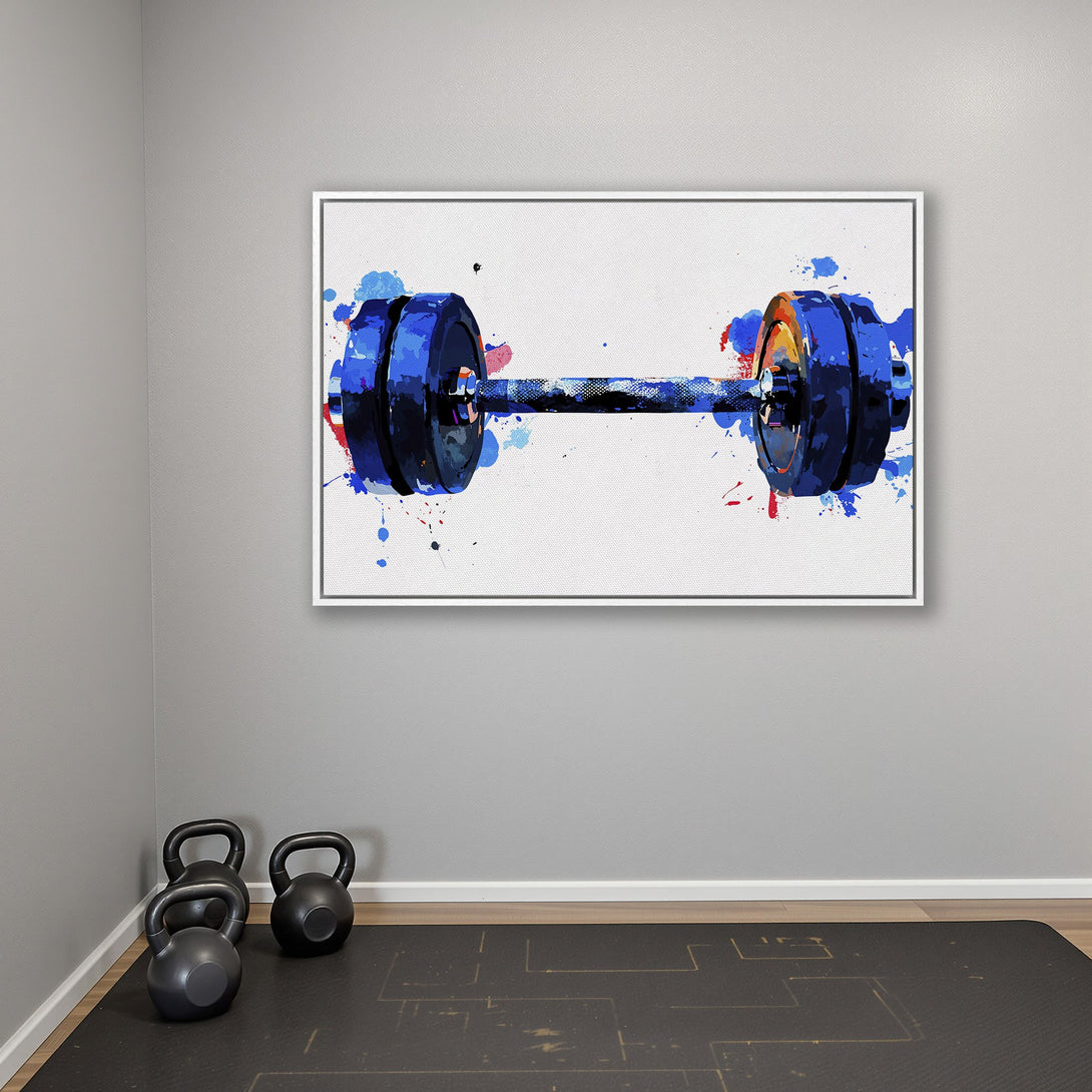 Framed Wall Art: Watercolor style barbell Canvas Print in blue & red hues. Modern fitness decor for your home gym or workout space.