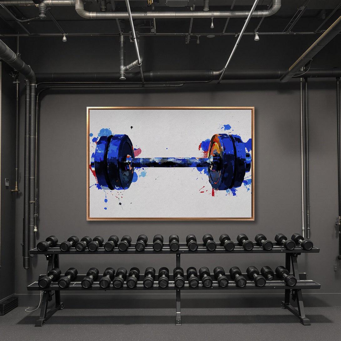 Framed Wall Art: Abstract watercolor dumbbell in blue and red. Modern gym decor. Canvas print adds style to any workout space.
