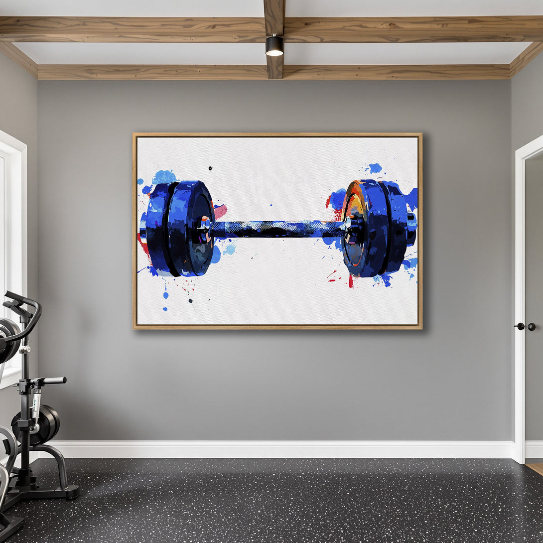 Framed Wall Art of a watercolor dumbbell in blue and red hues, perfect for a home gym. Stylish and motivational decor.