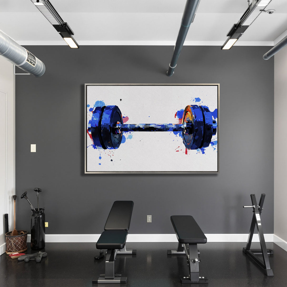 Framed Wall Art: Abstract watercolor barbell art in a gym setting. Blue, red, and white color palette. Perfect for home gym decor.