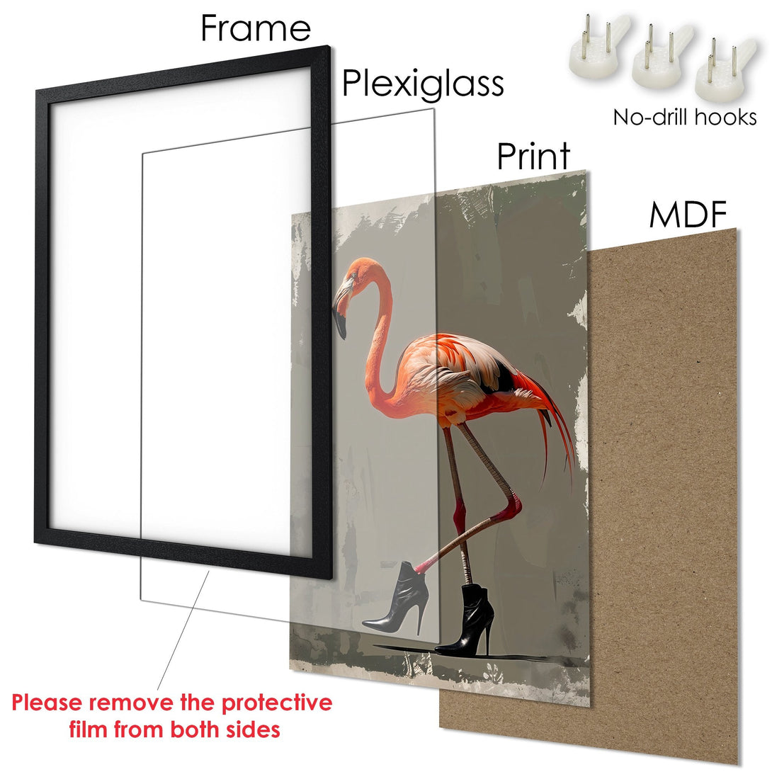 Framed Poster featuring a flamingo in heels, modern art style, with a neutral and pink color palette.